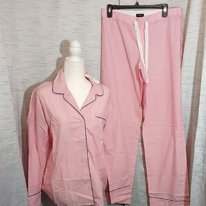 J. Crew Pink Pajama Set with Navy Trim Sz M NWT